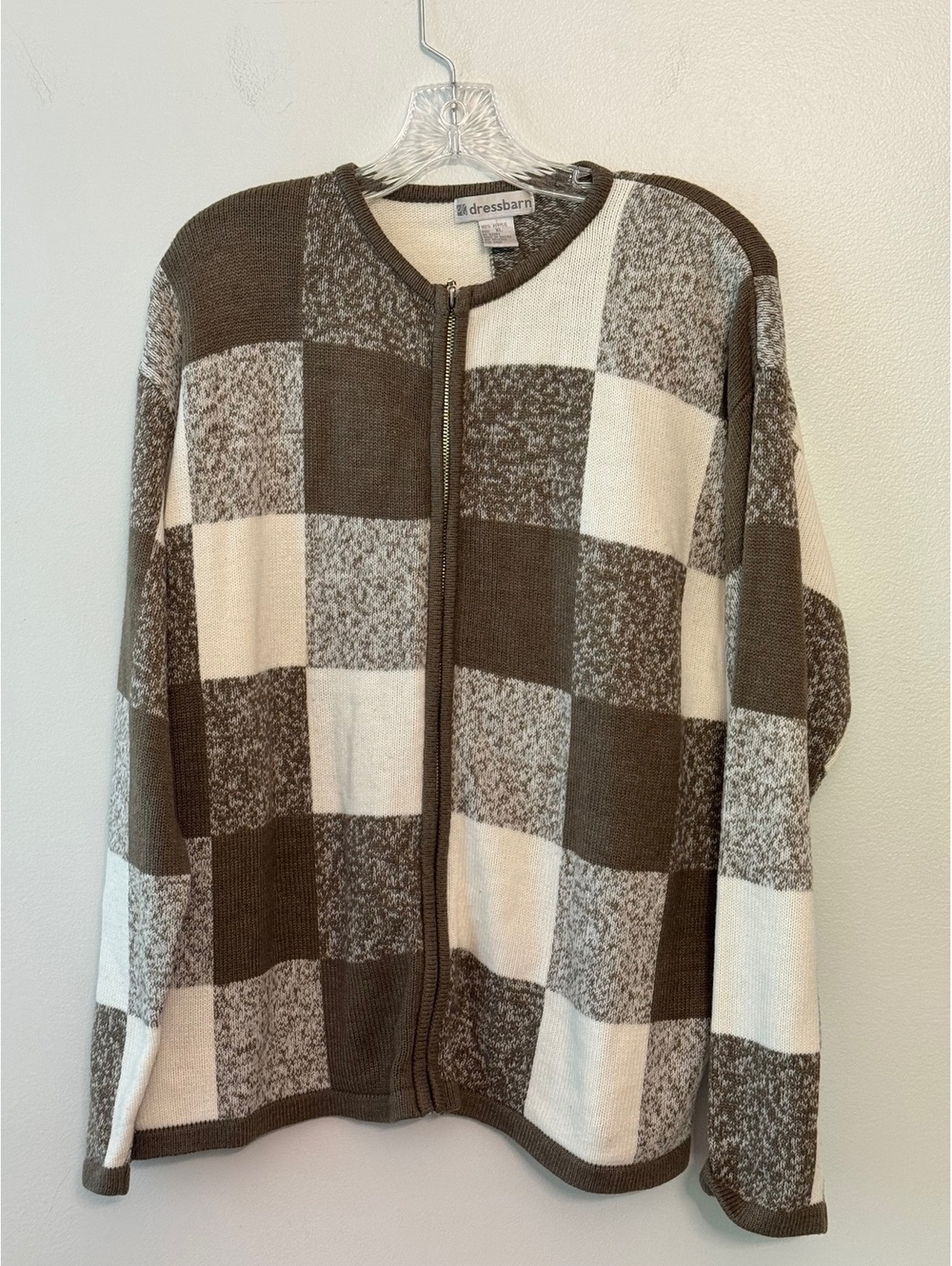 dressbarn XL Brown and Cream Checkered Full Zip Sweater